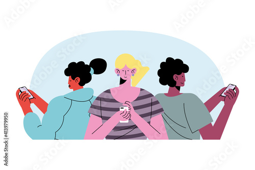 young three girls wearing technology avatars characters