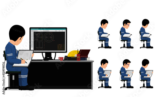 set of industrial worker is working on his desk