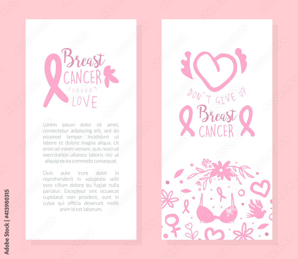 Breast Cancer Card Template, Don't Give Up Motivational Quote, Banner, Brochure, Flyer, Magazine Cover Design Cartoon Vector Illustration