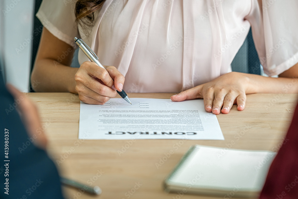 Job interview with signing contract to interviewer Job interview with signing contract to interviewer