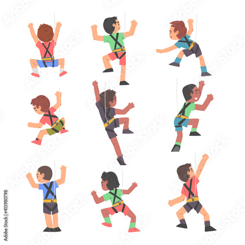 Boy Rock Climbers Characters Set  Cute Kids Climbing Wall  Boys Doing Sports or Having Fun in Adventure Park Cartoon Style Vector Illustration