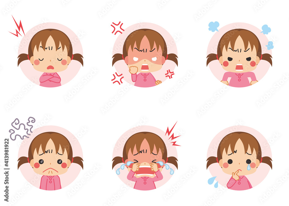 可愛い小さな女の子の顔 ネガティブ感情セット アイコン イラスト 怒り 悲しい 怒る 泣く Stock Vector Adobe Stock