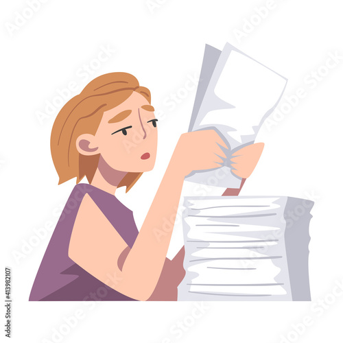 Young Tired Female Sitting at Table with Pile of Papers Vector Illustration
