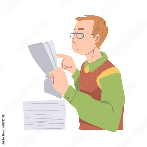 Young Male Sitting at Table with Pile of Papers Vector Illustration
