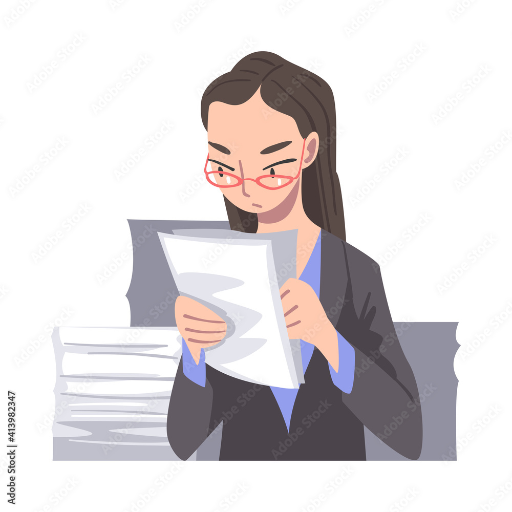 Overworked Woman Character in Glasses with Pile of Papers Vector Illustration Overworked Woman Character in Glasses with Pile of Papers Vector Illustration