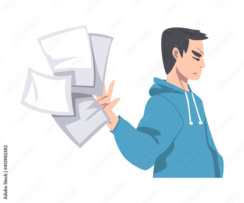 Frustrated Man Character Throwing Sheets of Paper Vector Illustration