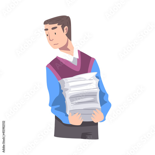 Young Man Carrying Pile of Papers Vector Illustration