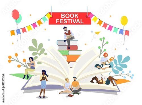 Book festival poster banner vector template. Readers diverse male and female cartoon characters reading books while walking, sitting, lying, flat style design illustration. Literature event, book fair