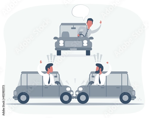 Conflict between three drivers on cars, no one wants to give way to each other. Men argue and swear, from car side windows. Road congested. Vector illustration, flat design cartoon style.