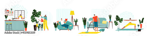 Set of people at home. Various quarantined activities. Cooking, gardening, reading books, cleaning and yoga