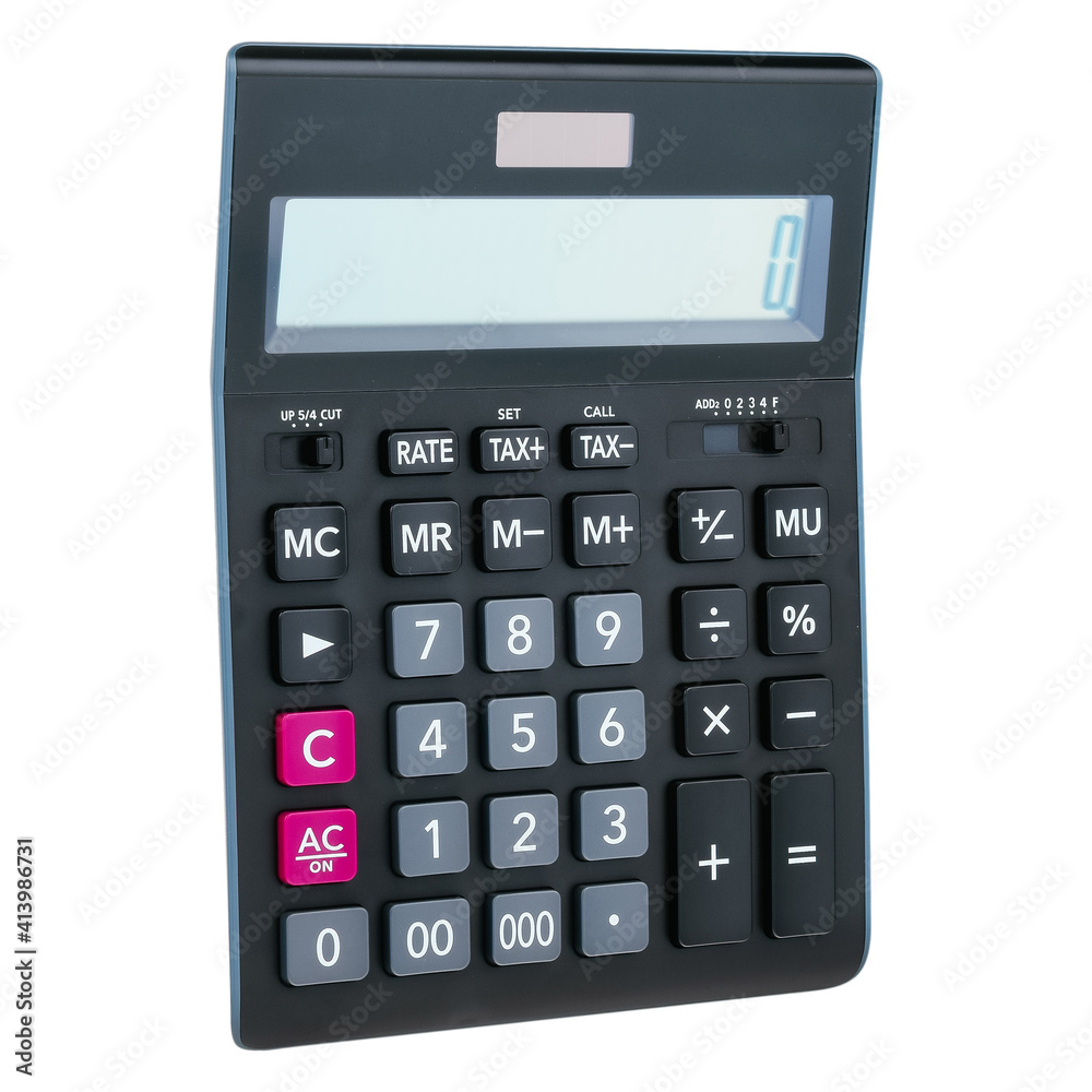 Black plastic digital calculator, isolated on a white background, close-up. Symbol economics, mathematics, accounting, finance concept. The day of knowledge, to calculate, to count money Black plastic digital calculator, isolated on a white background, close-up. Symbol economics, mathematics, accounting, finance concept. The day of knowledge, to calculate, to count money