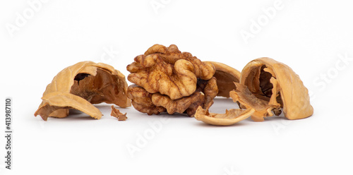 Walnut cracked, isolated on white background