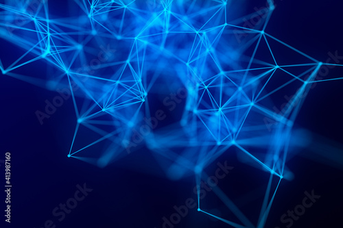 Abstract digital background. Dark blue plexus panoramic hero background. Abstract polygonal space background classic blue with connection lines and dots for tech