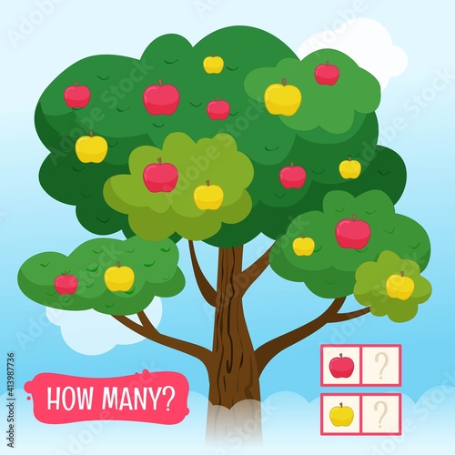 Counting educational children game, math kids activity sheet. How many pink and green apples?