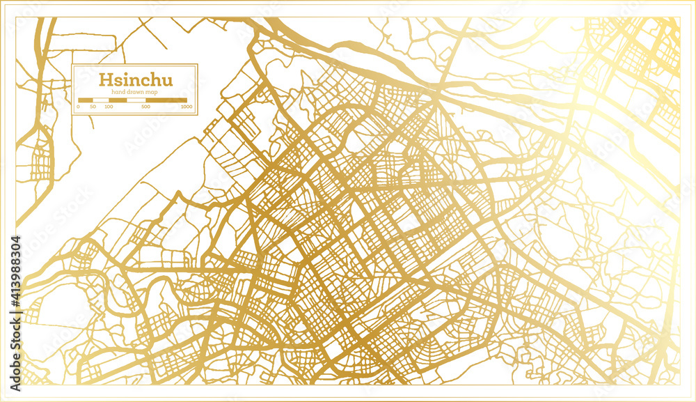 Hsinchu Taiwan City Map in Retro Style in Golden Color. Outline Map.