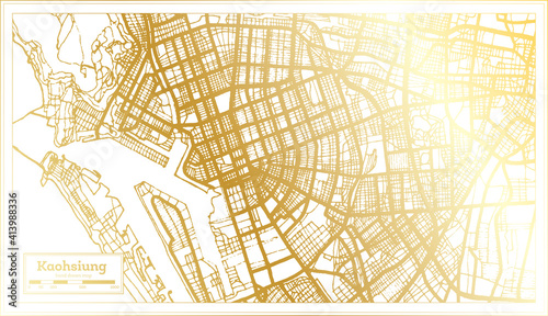 Kaohsiung Taiwan City Map in Retro Style in Golden Color. Outline Map.