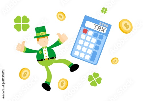 leprechaun shamrock celtic and calculator finance money tax cartoon doodle flat design style vector illustration