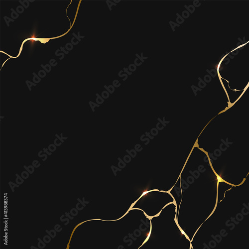 Gold kintsugi on black background. Crack and broken effects. Marble texture. Luxury design for wall art, wallpaper, wedding card, social media. Modern vector illustration.