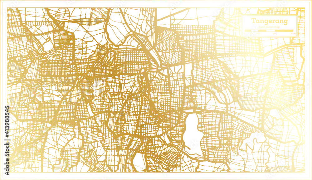 Tangerang Indonesia City Map in Retro Style in Golden Color. Outline Map. Tangerang Indonesia City Map in Retro Style in Golden Color. Outline Map.