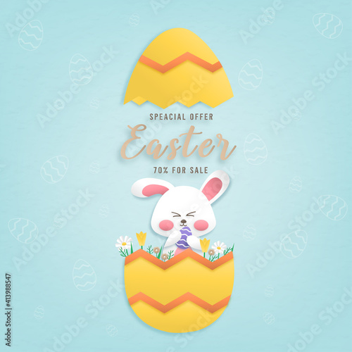 Happy easter day sale promotion card design color pastel background wallpaper paper art style within the eggs vector illustration.