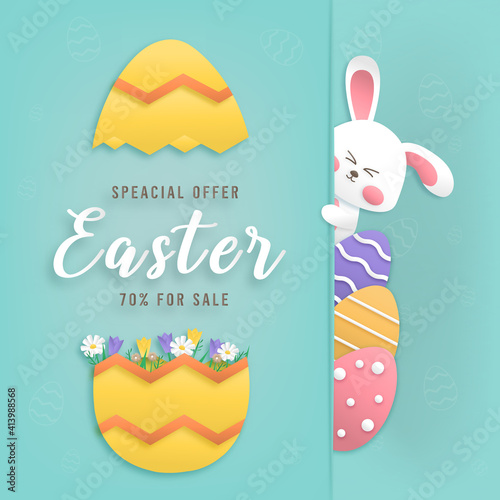 Happy easter day card design sale promotion color pastel background wallpaper paper art style with cute bunny and eggs vector illustration.