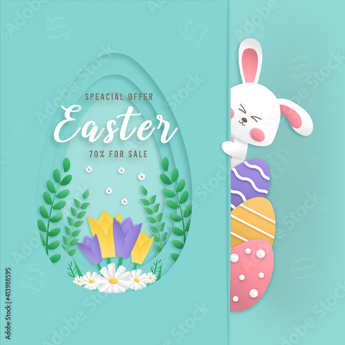 Happy easter day card design sale promotion color pastel background wallpaper paper art style with cute bunny and eggs vector illustration.