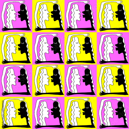 Seamless pattern with abstract kissing and hugging couple. Vector bright pop art, abstraction, funny illustration. Love and interracial marriage theme, Valentines Day