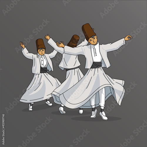 Three Dancing Whirling Dervishes in Traditional Attire