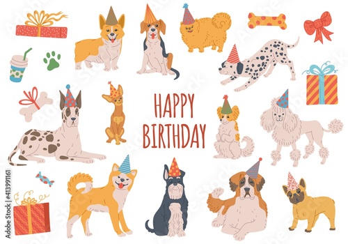 Birthday dogs characters set with gift boxes, flat vector illustration isolated.