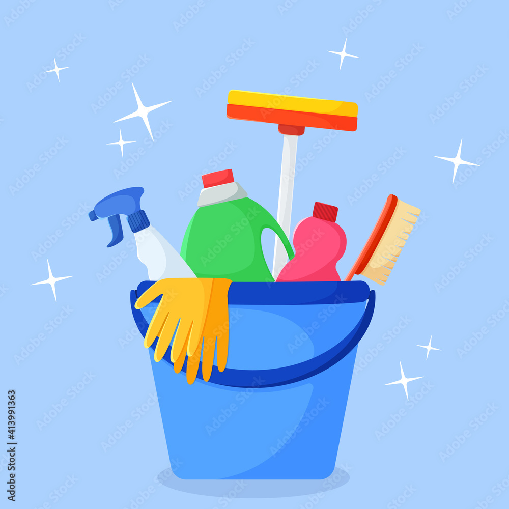 Vector image of a set for cleaning. Household cleaning products. Illustration in flat style. Background blue. Cleaning products in a bucket
Vector image of a set for cleaning. Household cleaning products. Illustration in flat style. Background blue. Cleaning products in a bucket