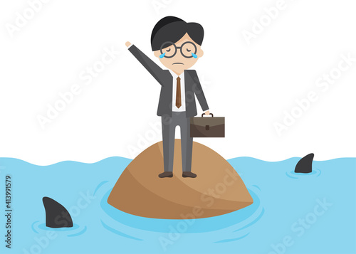 vector business man failure and unsuccessful. he cries and stands alone on the island.