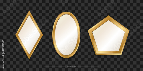 Set of Mirrors with a gold frame. Realistic design for interior furniture. Reflective glass surfaces. Vector illustration.