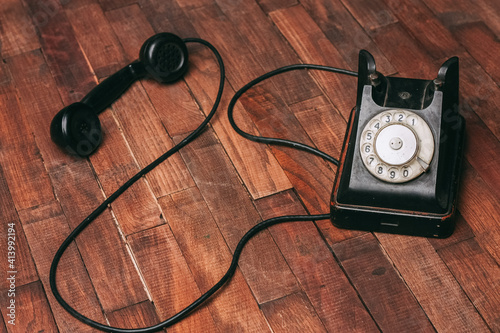 retro telephone old technology communication antique wood background