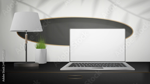 A laptop with a white screen stands on a black curbstone. Workplace. Layout for displaying sites, applications, games and advertisements. Realistic style. Vector illustration.