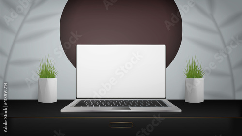 A laptop with a white screen stands on a black curbstone. Workplace. Layout for displaying sites, applications, games and advertisements. Vector illustration.