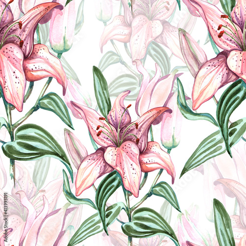 Fototapeta Naklejka Na Ścianę i Meble -  Seamless pattern with lilies. Hand drawn illustration. Pattern for textile design, gift wrapping, posters, cards, holidays.