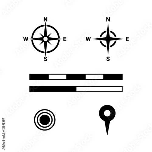 Map Symbol. Direction compass. Scale bar and Location pin.