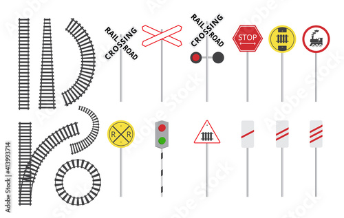 Train railroad sign set - isolated rail tracks and warning road signs