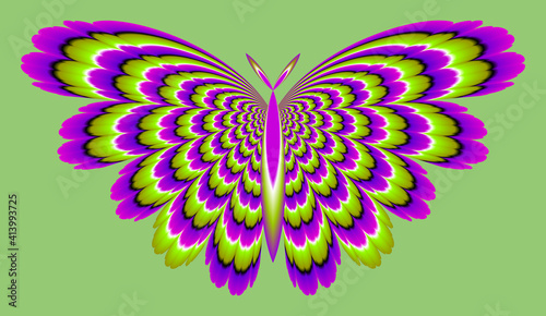 Green and purple butterfly. Optical expansion illusion.