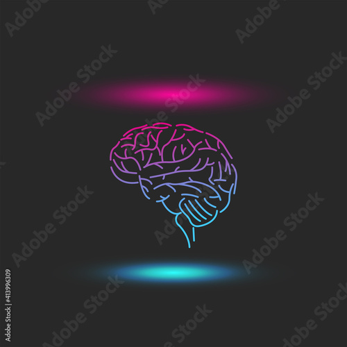 Levitating human brain abstract with blue-pink bright shadows and highlights, futuristic artificial intelligence cyberpunk illustration.