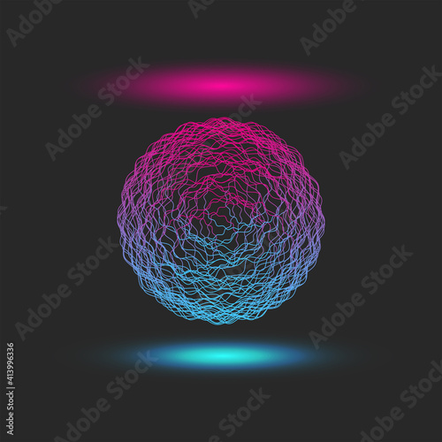 Levitating glowing ball with bright neon shadows blue-pink gradient, abstract ai mystical energy sphere in cyberpunk style.