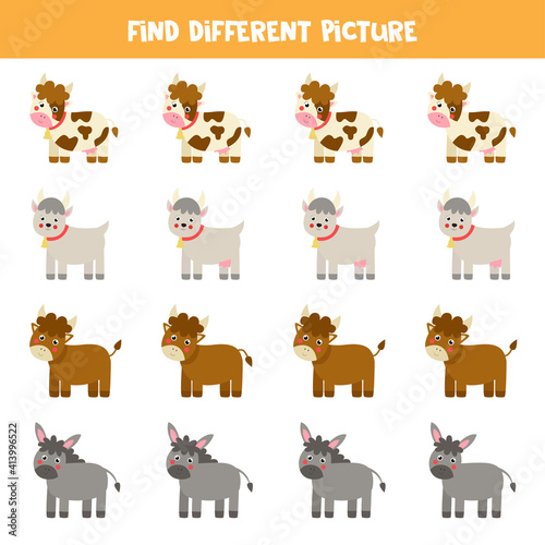 Find animal which is different from others. Farm themed worksheet.