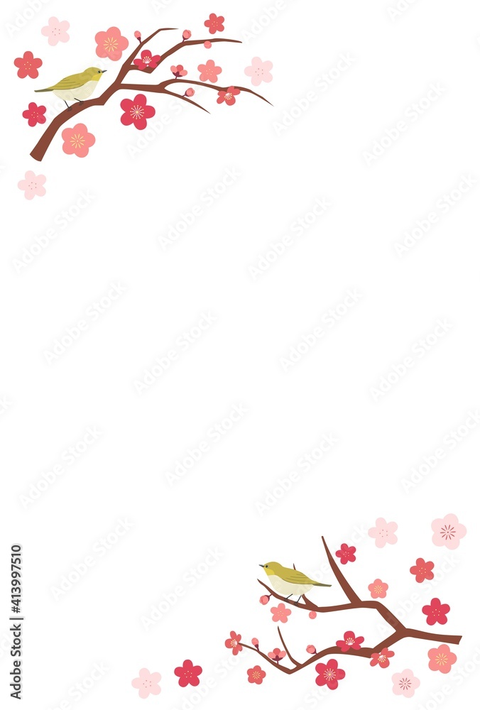 梅とメジロのベクターイラストフレーム縦04 Stock Vector Adobe Stock