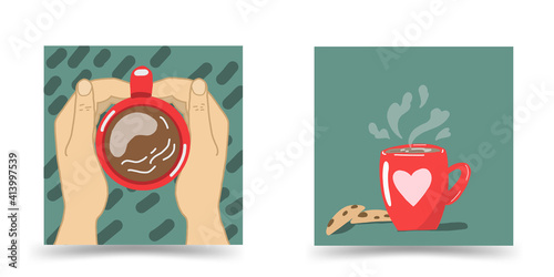 A set of cozy postcards with a mug of warm tea. 2 postcards with a red mug. 