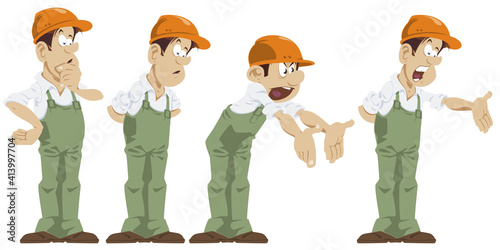 Funny little people. Cheerful builders. Illustration for internet and mobile website.