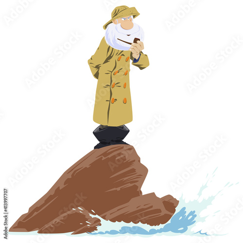 Elderly lighthouse keeper. Old sailor. Illustration for internet and mobile website.