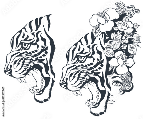 Sketch of tiger and girl tattoo. Illustration for internet and mobile website.