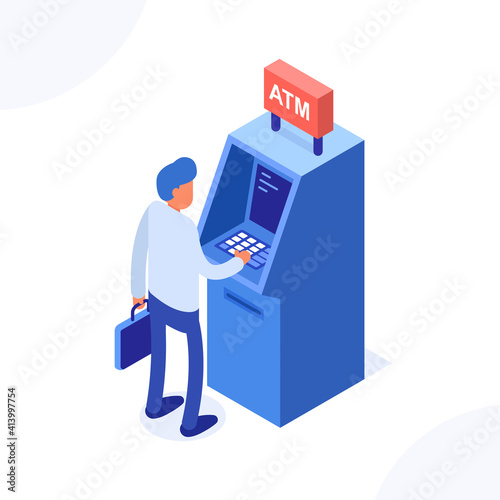 ATM concept. Man standing near ATM machine. Web banner, infographics. Isometric vector illustration.