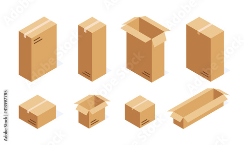 Set of boxes in isometric view isolated on white background. 3d cardboard boxes of different sizes, open and closed. Vector illustration.