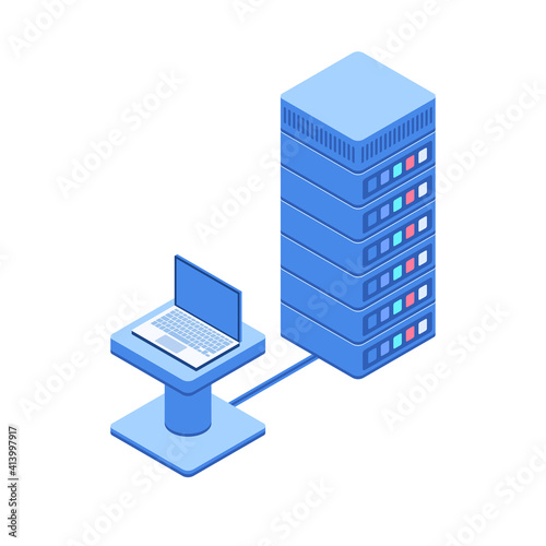 Cyber data security, server room connected with laptop. Isometric vector illustration. 3D. © Art Alex
